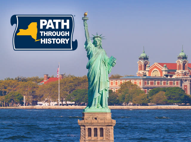 The Path Through History logo on a photo with the Statue of Liberty and Ellis Island