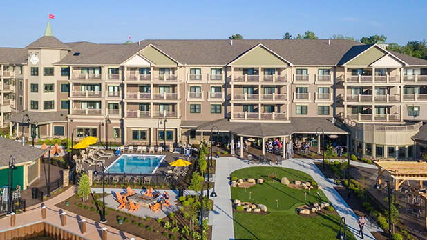 Aerial view of the Chautauqua Harbor Hotel with pool area at left