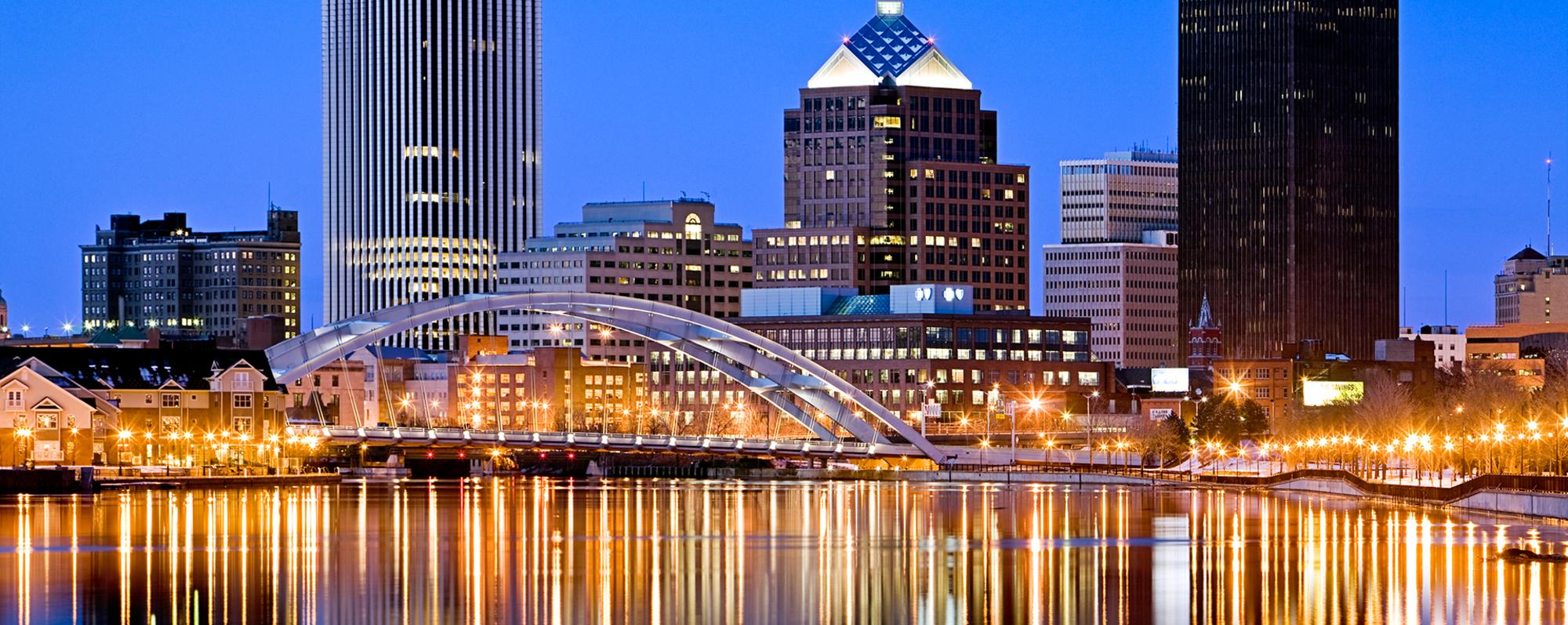 The skyline of downtown Rochester, NY at dusk