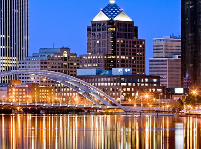 The skyline of downtown Rochester, NY at dusk