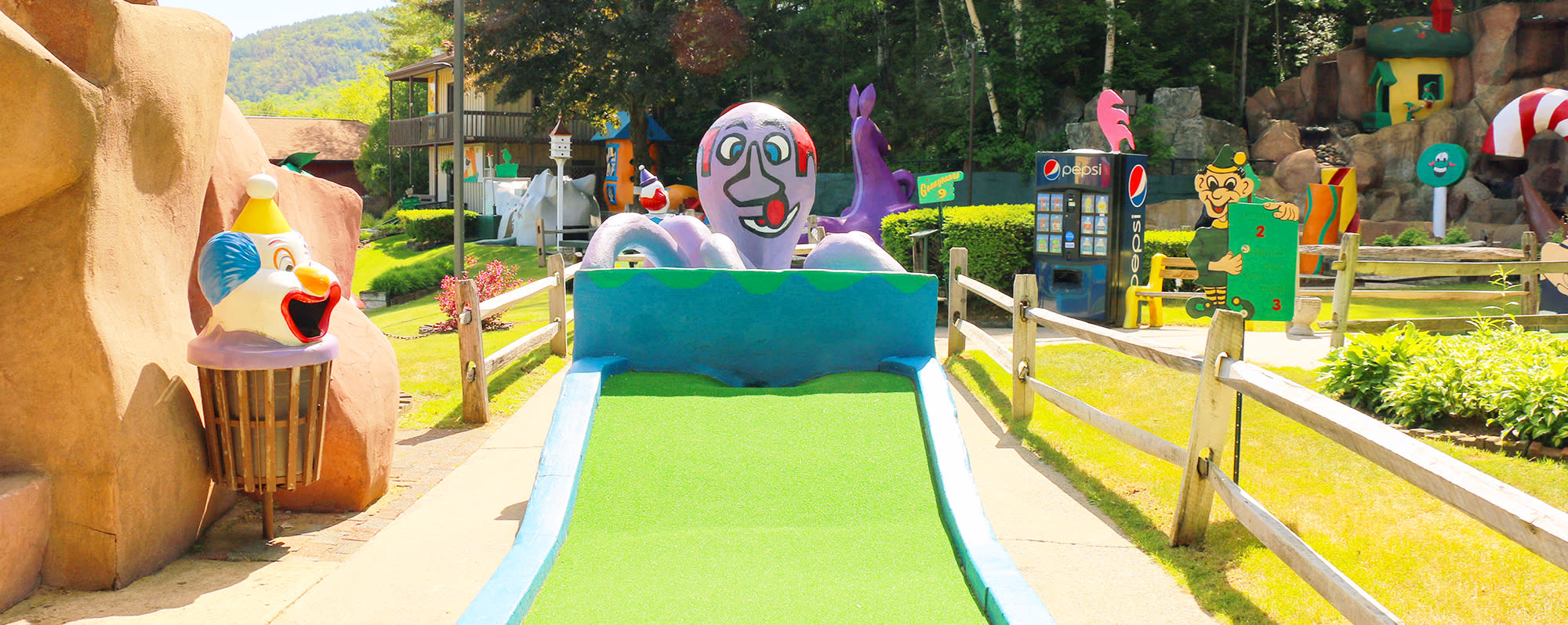 Statue of a giant purple octopus at one of the holes at Goony Golf & Castle Arcade