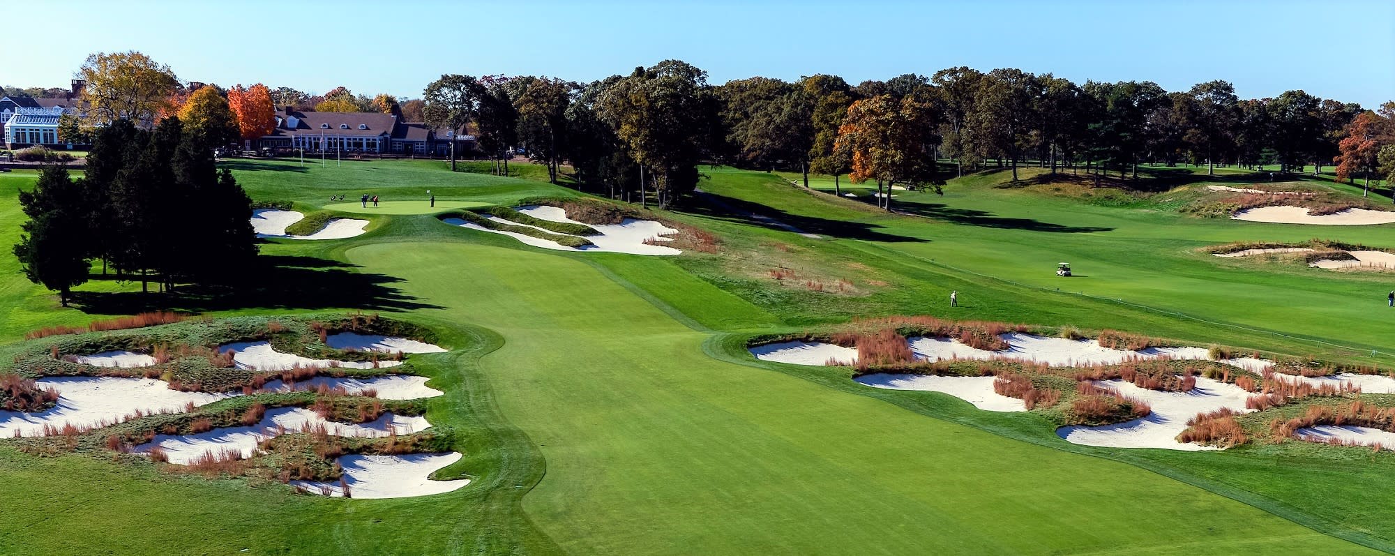 Aerial view of the 18th hole of the acclaimed Black Course at Bethpage State Park