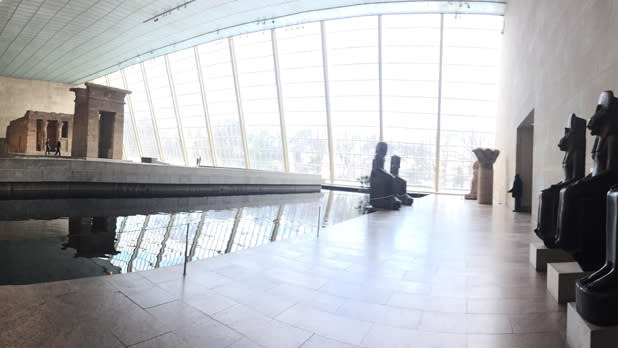 The Temple of Dendur and reflecting pool, and the big glass windows, at the Metropolitan Museum of Art