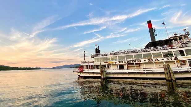 The Lake George Steamboat Company's Minne-Ha-Ha docked along the pristine Lake George