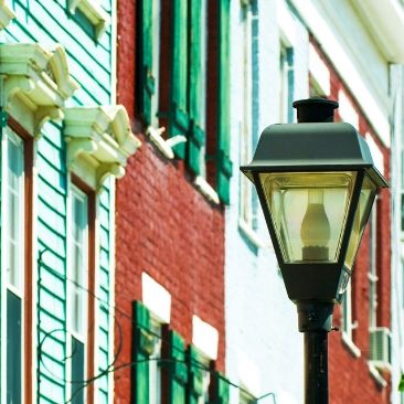 Lamp post and homes on Warren Street in Hudson, New York