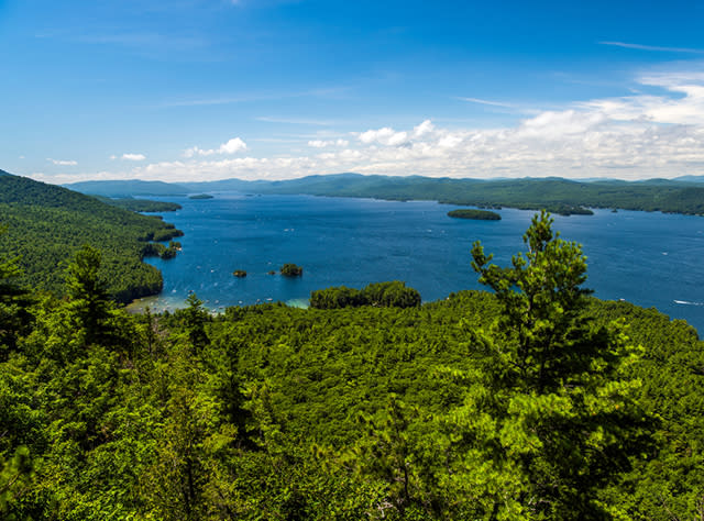 An aerial view of Lake George from Shelving Rock in the Adirondacks