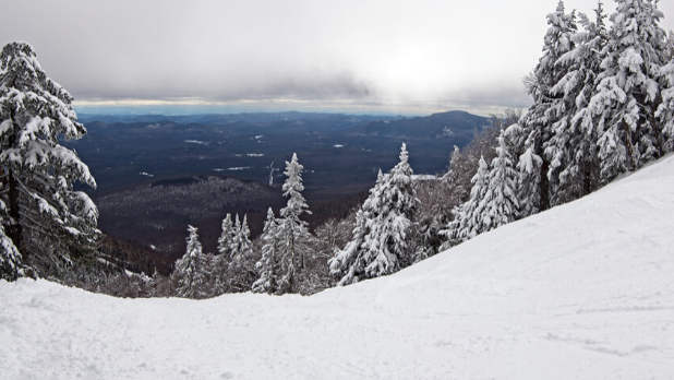 The snowy ski slope and trees at Gore Mountain in the Adirondacks